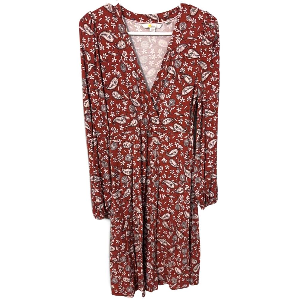Boden Boho Paisley Floral Long Sleeve Midi Dress Rust Red Stretch US 4 UK 8
